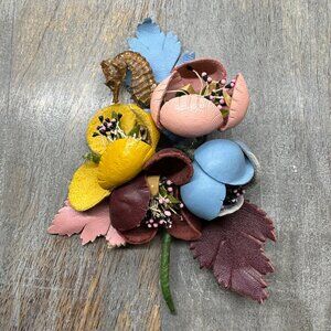 Vintage Brooch - Dried Seahorse with Large Colored Leather Flowers